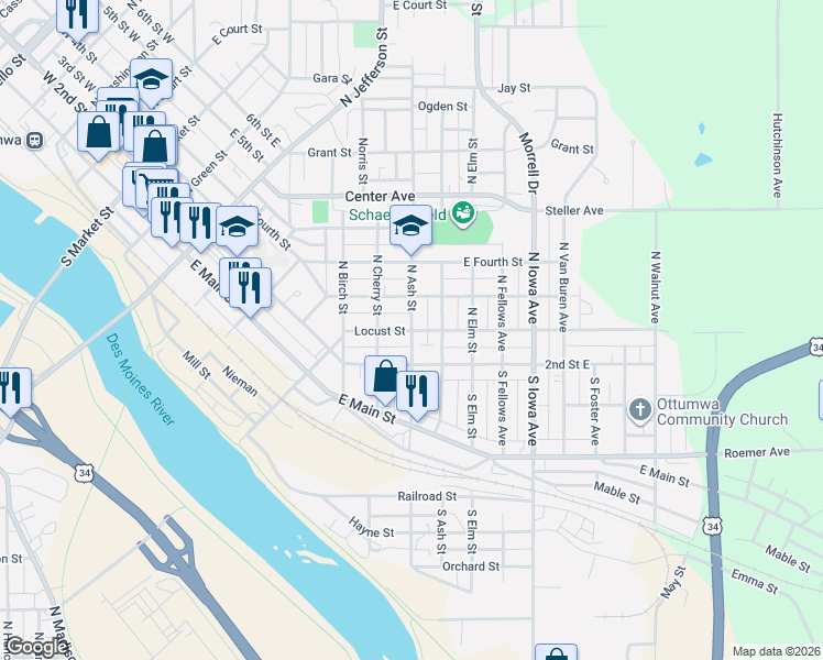 map of restaurants, bars, coffee shops, grocery stores, and more near 1100 Locust Street in Ottumwa