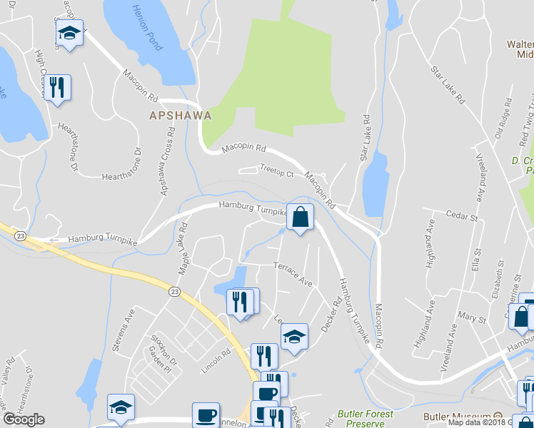 map of restaurants, bars, coffee shops, grocery stores, and more near 113 Hamburg Turnpike in Butler