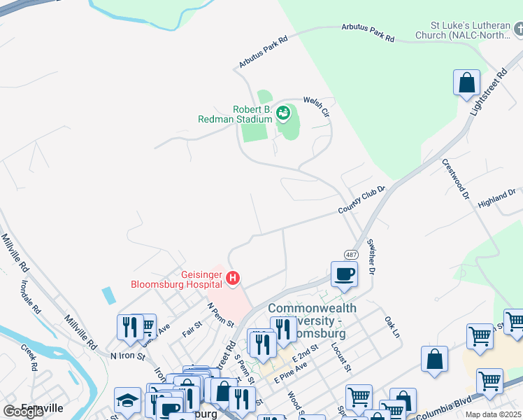 map of restaurants, bars, coffee shops, grocery stores, and more near 611 Country Club Dr in Bloomsburg