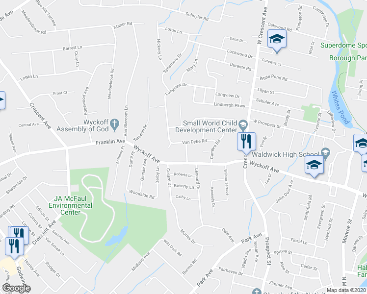 map of restaurants, bars, coffee shops, grocery stores, and more near 34 Van Dyke Road in Waldwick