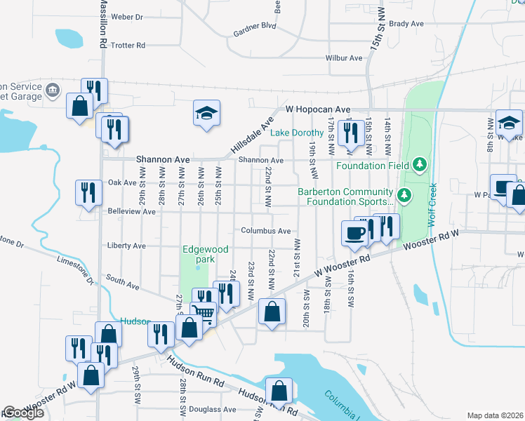 map of restaurants, bars, coffee shops, grocery stores, and more near 1073 Belleview Avenue in Barberton