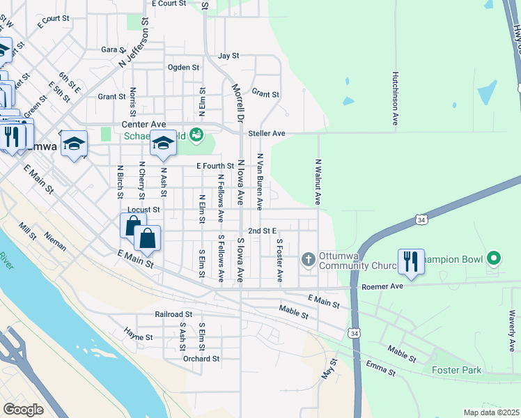 map of restaurants, bars, coffee shops, grocery stores, and more near 1600 Locust Street in Ottumwa