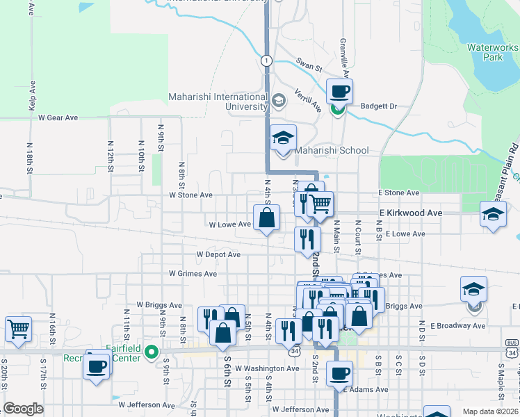 map of restaurants, bars, coffee shops, grocery stores, and more near 603 North 4th Street in Fairfield