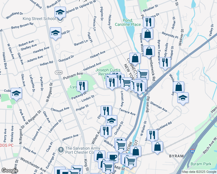map of restaurants, bars, coffee shops, grocery stores, and more near 67 Putnam Avenue in Port Chester