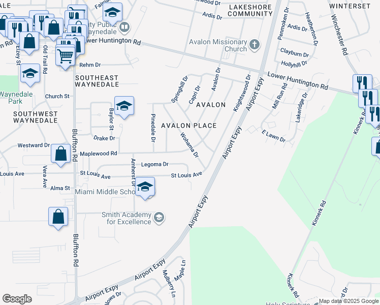 map of restaurants, bars, coffee shops, grocery stores, and more near 1701 Maplewood Road in Fort Wayne
