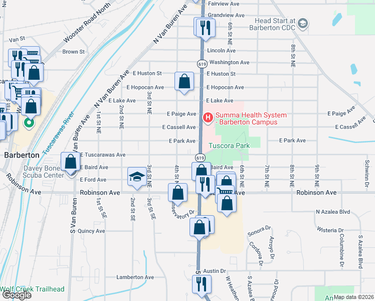 map of restaurants, bars, coffee shops, grocery stores, and more near 409 East Tuscarawas Avenue in Barberton
