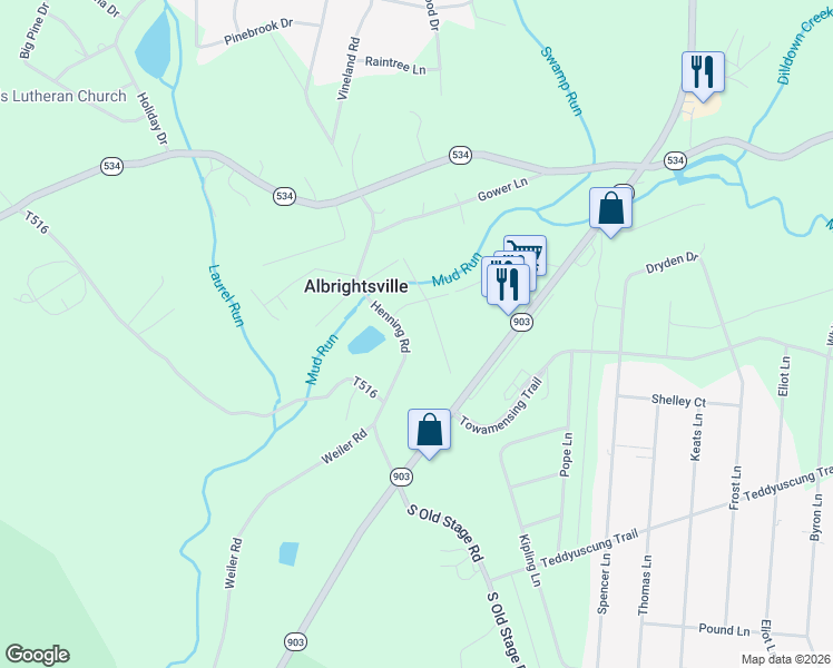 map of restaurants, bars, coffee shops, grocery stores, and more near 35 Henning Rd in Albrightsville