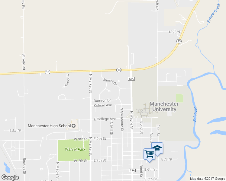 map of restaurants, bars, coffee shops, grocery stores, and more near 210 Grandview Court in North Manchester