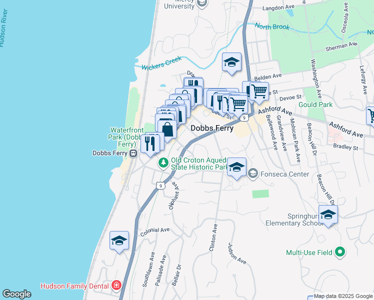 map of restaurants, bars, coffee shops, grocery stores, and more near 300 Broadway in Dobbs Ferry