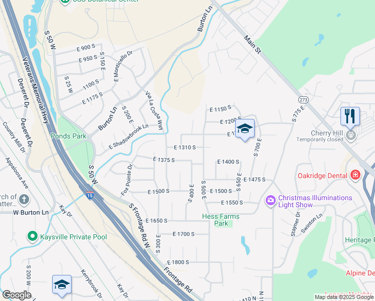map of restaurants, bars, coffee shops, grocery stores, and more near 432 East 1310 South in Kaysville