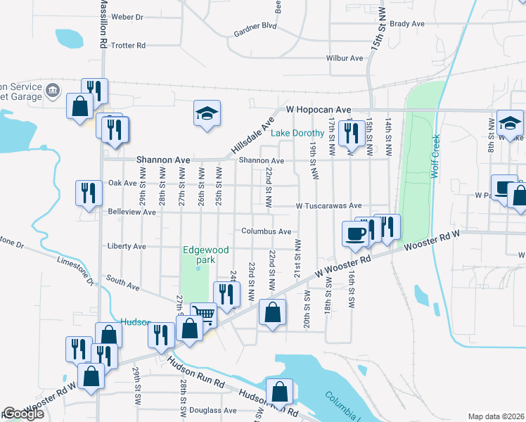 map of restaurants, bars, coffee shops, grocery stores, and more near 1073 Belleview Avenue in Barberton