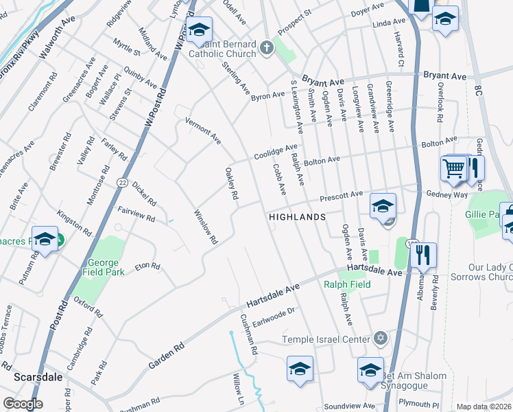 map of restaurants, bars, coffee shops, grocery stores, and more near 118 Soundview Avenue in White Plains