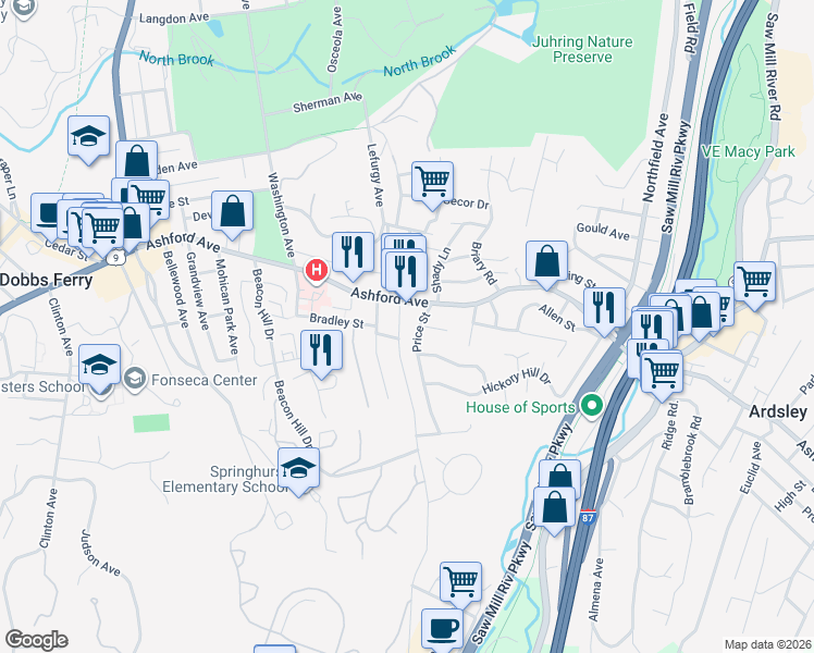map of restaurants, bars, coffee shops, grocery stores, and more near 23 Ogden Avenue in Dobbs Ferry