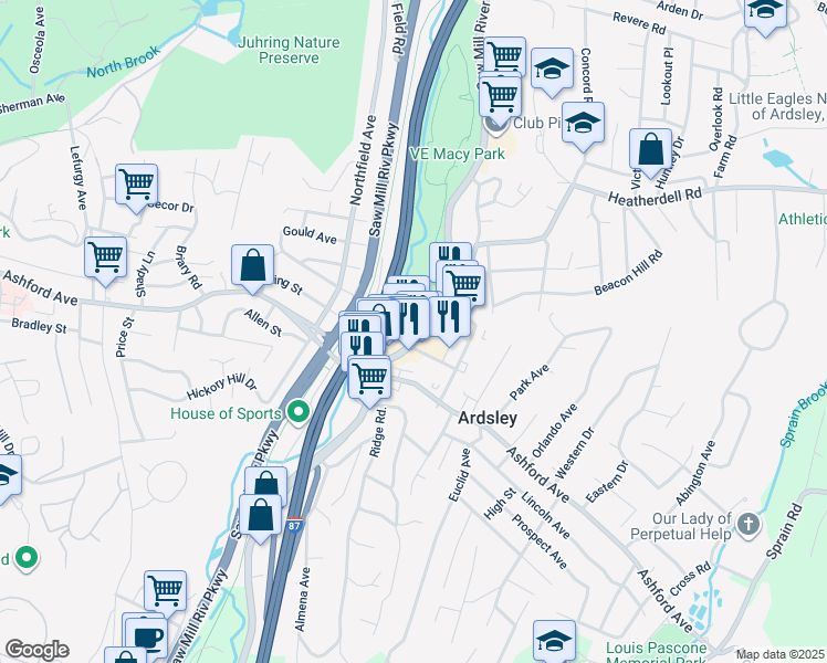 map of restaurants, bars, coffee shops, grocery stores, and more near 726 Saw Mill River Road in Ardsley