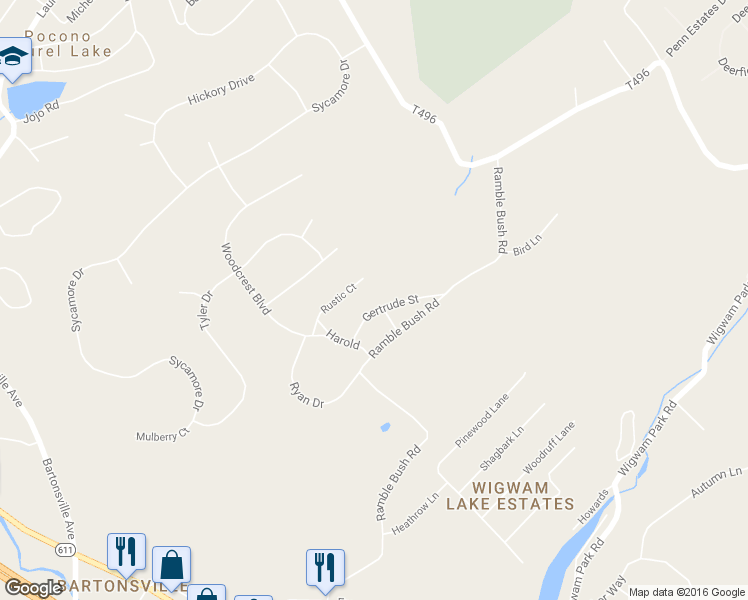 map of restaurants, bars, coffee shops, grocery stores, and more near 1056 Gertrude Street in East Stroudsburg