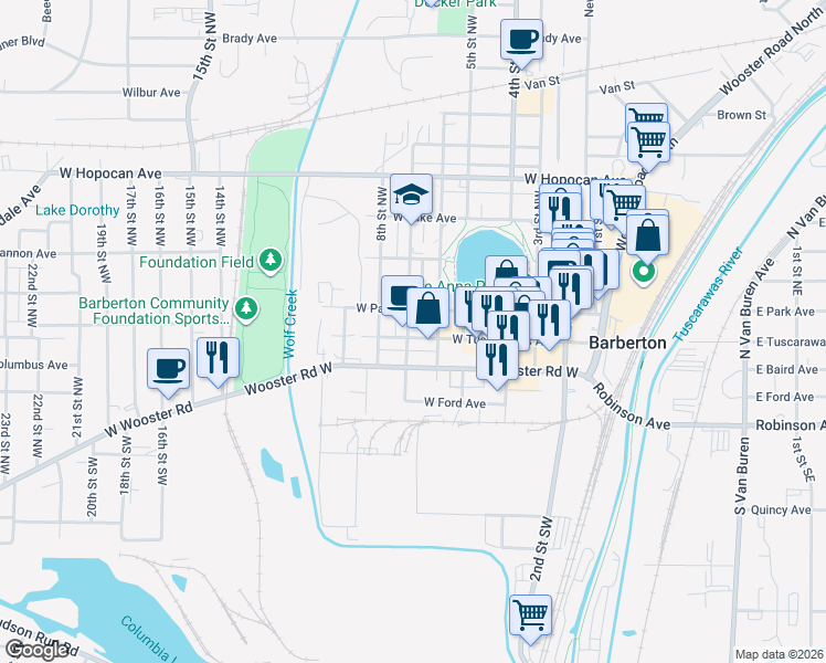 map of restaurants, bars, coffee shops, grocery stores, and more near 651 West Tuscarawas Avenue in Barberton