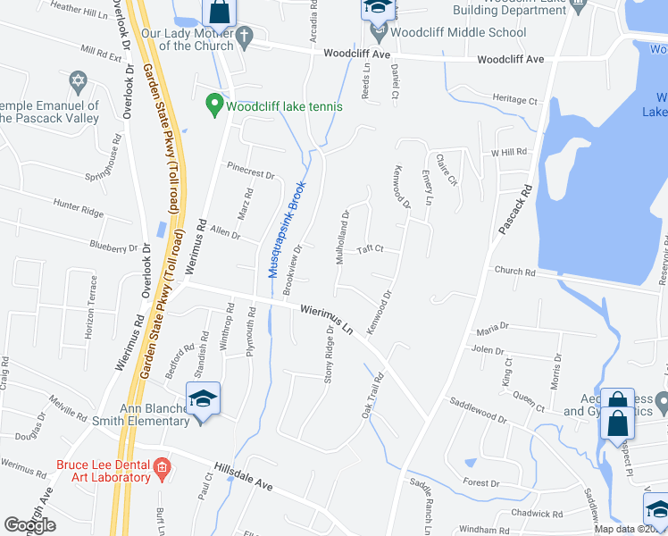 map of restaurants, bars, coffee shops, grocery stores, and more near 15 Mulholland Drive in Woodcliff Lake