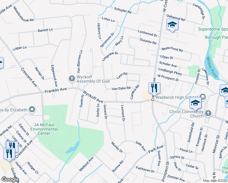 map of restaurants, bars, coffee shops, grocery stores, and more near 34 Van Dyke Road in Waldwick
