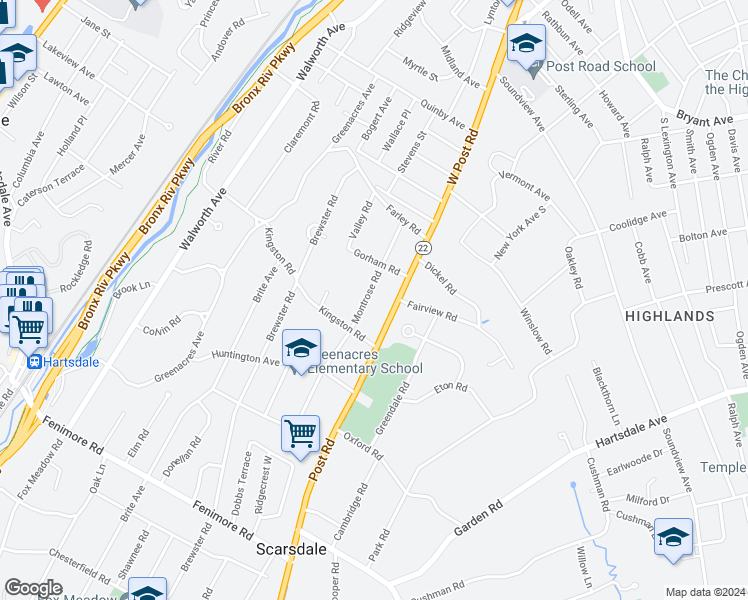 map of restaurants, bars, coffee shops, grocery stores, and more near 26 Montrose Road in Scarsdale
