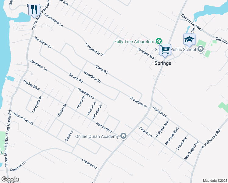 map of restaurants, bars, coffee shops, grocery stores, and more near 65 Sandra Road in East Hampton