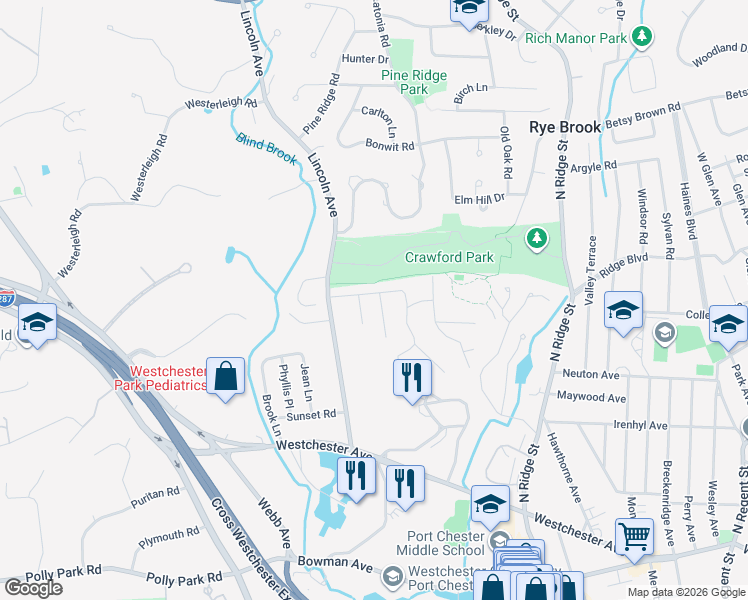 map of restaurants, bars, coffee shops, grocery stores, and more near 4 Terrace Court in Rye Brook