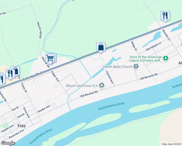 map of restaurants, bars, coffee shops, grocery stores, and more near 45 Willow Lane in Bloomsburg