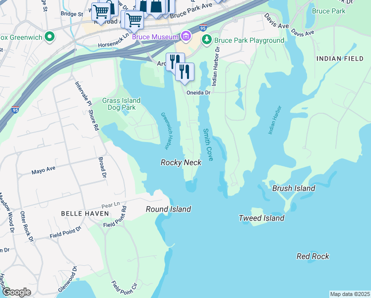 map of restaurants, bars, coffee shops, grocery stores, and more near 680 Steamboat Road in Greenwich