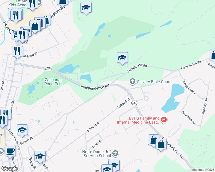 map of restaurants, bars, coffee shops, grocery stores, and more near 5760 Franklin Hill Road in East Stroudsburg