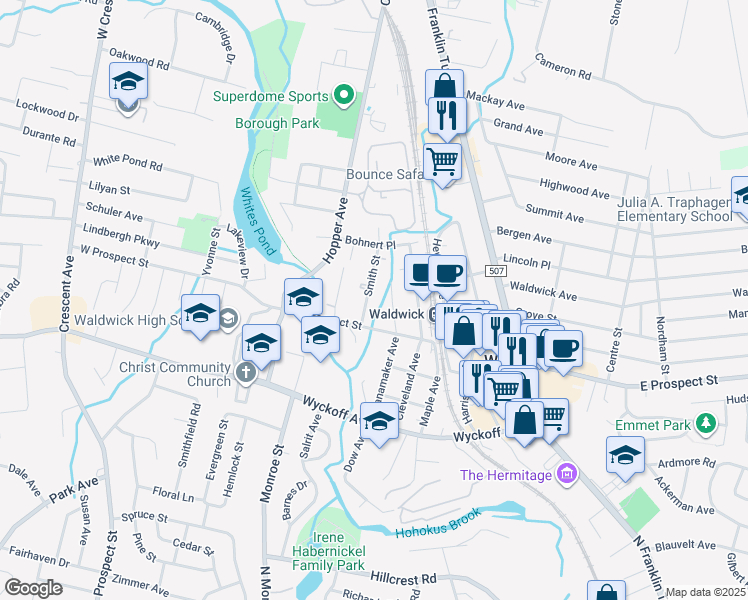 map of restaurants, bars, coffee shops, grocery stores, and more near 56 Wanamaker Avenue in Waldwick