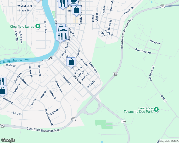 map of restaurants, bars, coffee shops, grocery stores, and more near 501 South 6th Street in Clearfield
