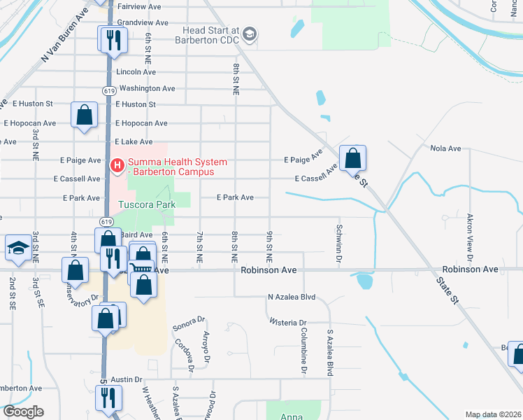 map of restaurants, bars, coffee shops, grocery stores, and more near 703 East Tuscarawas Avenue in Barberton