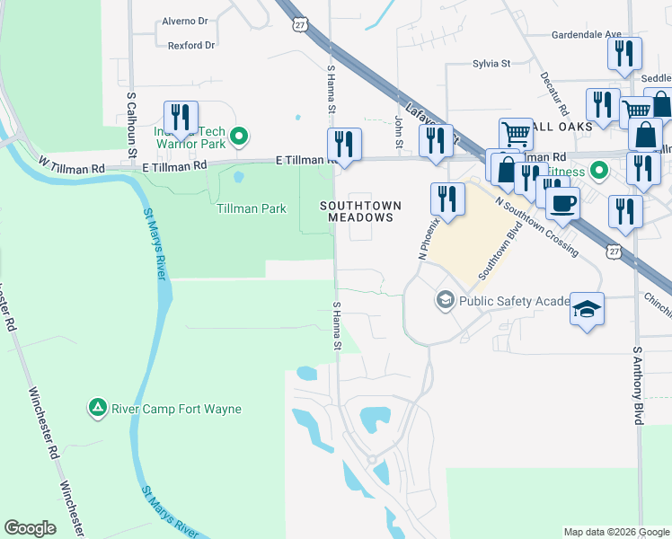 map of restaurants, bars, coffee shops, grocery stores, and more near 7676 South Hanna Street in Fort Wayne