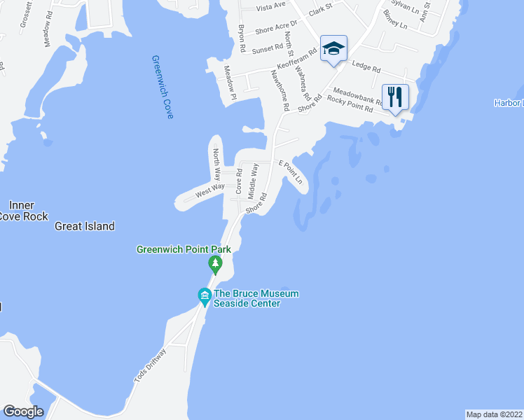 map of restaurants, bars, coffee shops, grocery stores, and more near 210 Shore Road in Greenwich