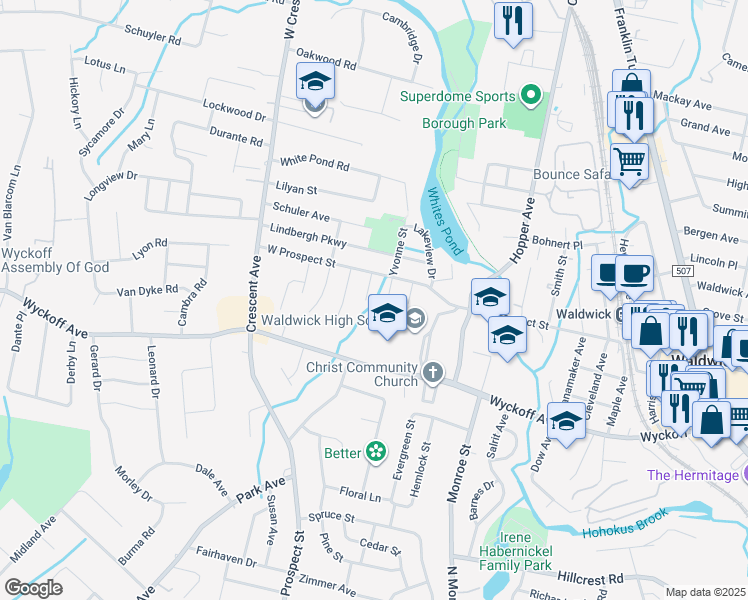 map of restaurants, bars, coffee shops, grocery stores, and more near 1 Idalane Street in Waldwick