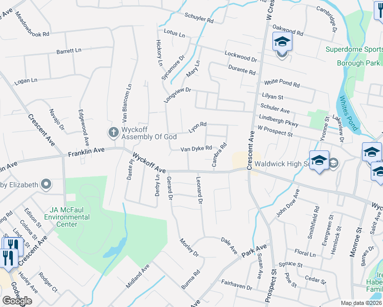 map of restaurants, bars, coffee shops, grocery stores, and more near 11 Bender Road in Waldwick