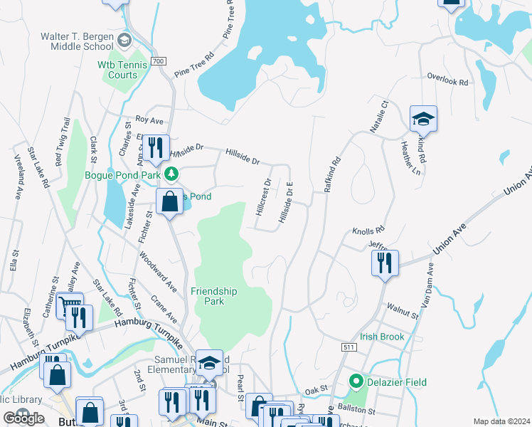 map of restaurants, bars, coffee shops, grocery stores, and more near 124 Hillside Drive in Bloomingdale