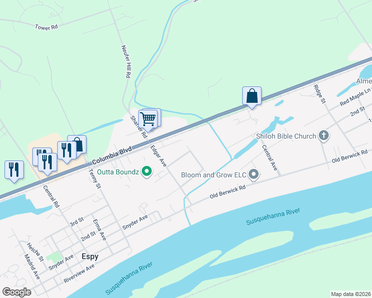 map of restaurants, bars, coffee shops, grocery stores, and more near 278 Crabapple Lane in Bloomsburg