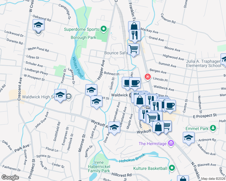 map of restaurants, bars, coffee shops, grocery stores, and more near 56 Wanamaker Avenue in Waldwick