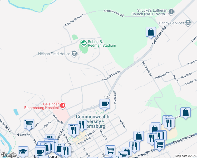map of restaurants, bars, coffee shops, grocery stores, and more near 805 Country Club Drive in Bloomsburg