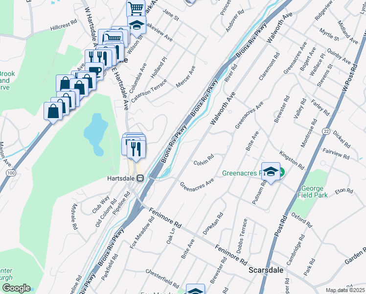 map of restaurants, bars, coffee shops, grocery stores, and more near 12 Brook Lane in Scarsdale
