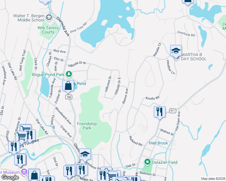 map of restaurants, bars, coffee shops, grocery stores, and more near 124 Hillside Drive in Bloomingdale