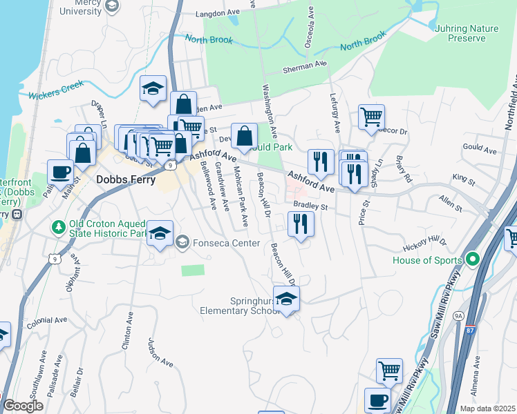 map of restaurants, bars, coffee shops, grocery stores, and more near 24-82 Beacon Hill Drive in Dobbs Ferry