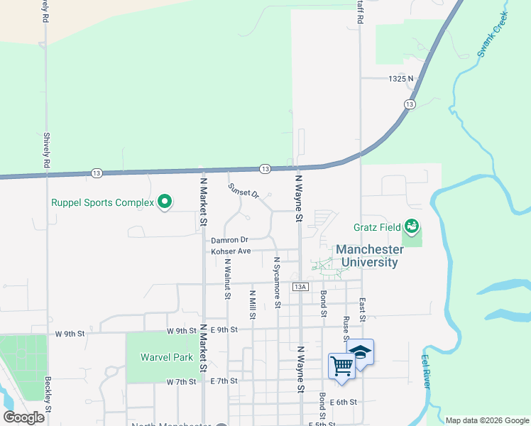 map of restaurants, bars, coffee shops, grocery stores, and more near 210 Grandview Court in North Manchester