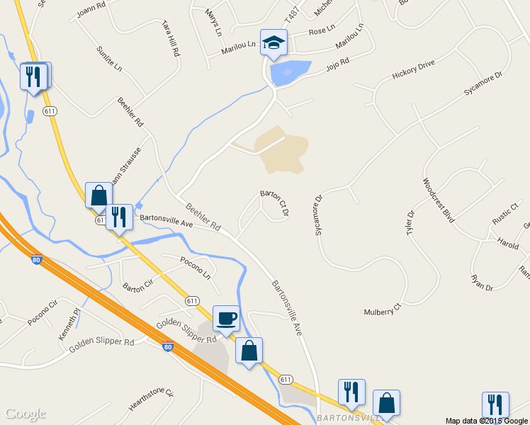 map of restaurants, bars, coffee shops, grocery stores, and more near Barton Court Drive in Bartonsville