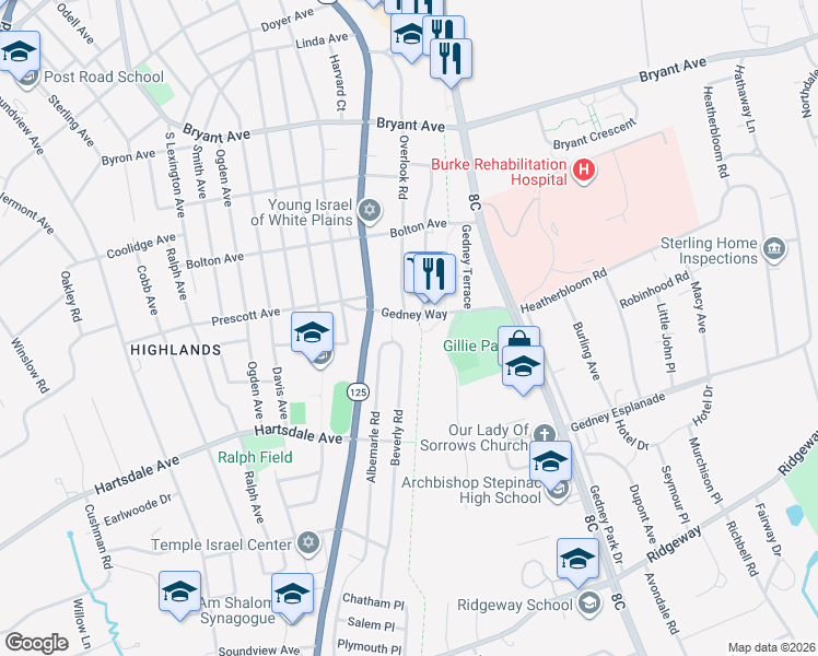 map of restaurants, bars, coffee shops, grocery stores, and more near 2 Beverly Road in White Plains