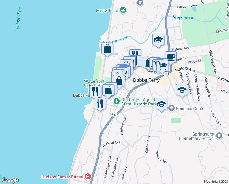 map of restaurants, bars, coffee shops, grocery stores, and more near 50 Main Street in Dobbs Ferry