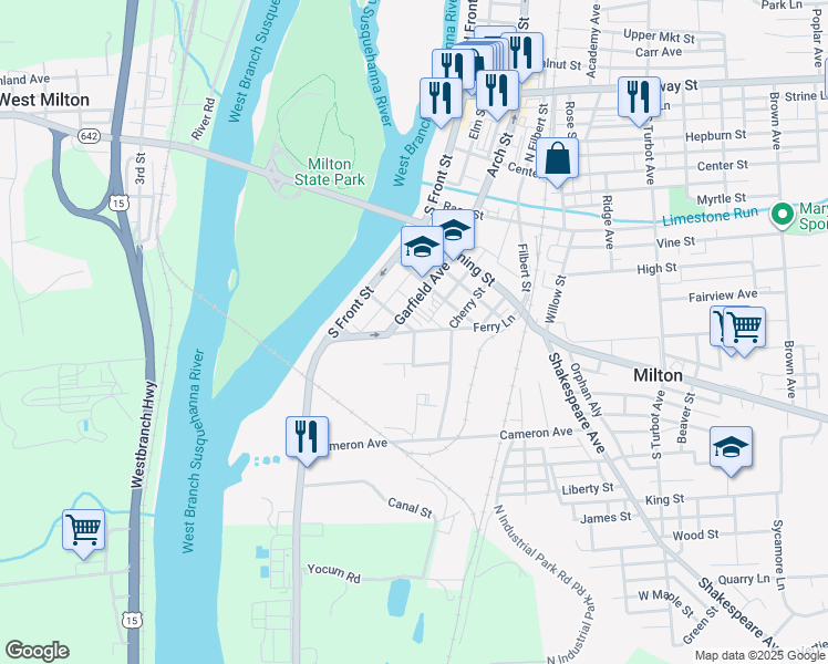 map of restaurants, bars, coffee shops, grocery stores, and more near Ferry Lane in Milton