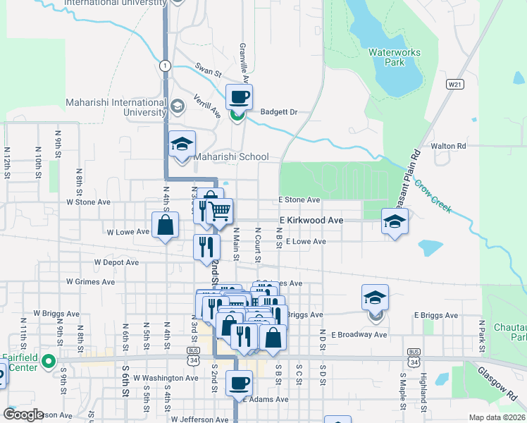 map of restaurants, bars, coffee shops, grocery stores, and more near 101-103 East Kirkwood Avenue in Fairfield