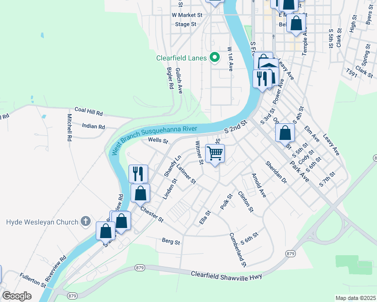 map of restaurants, bars, coffee shops, grocery stores, and more near 817 Green Street in Clearfield