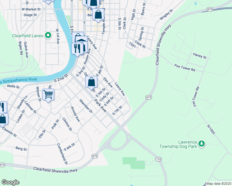 map of restaurants, bars, coffee shops, grocery stores, and more near 501 South 6th Street in Clearfield